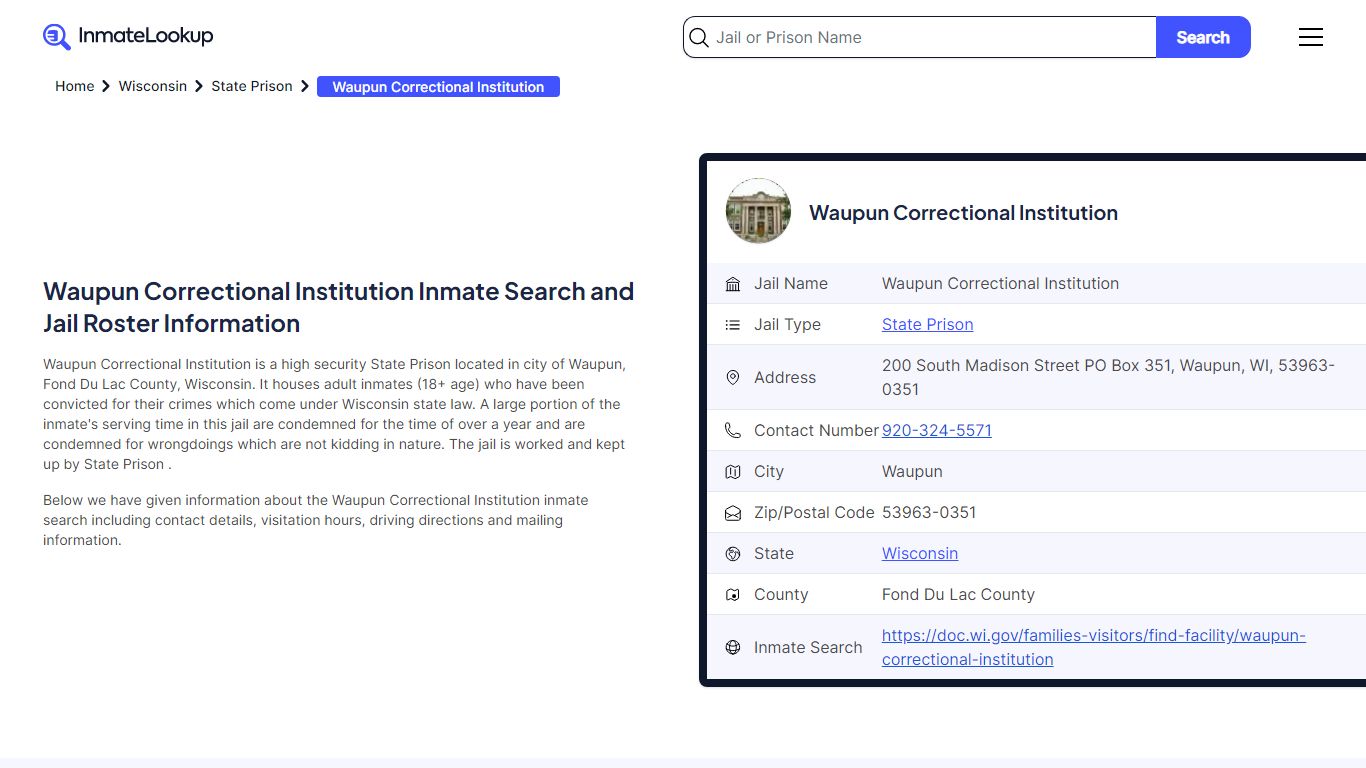 Waupun Correctional Institution Inmate Search, Jail ... - Inmate Lookup